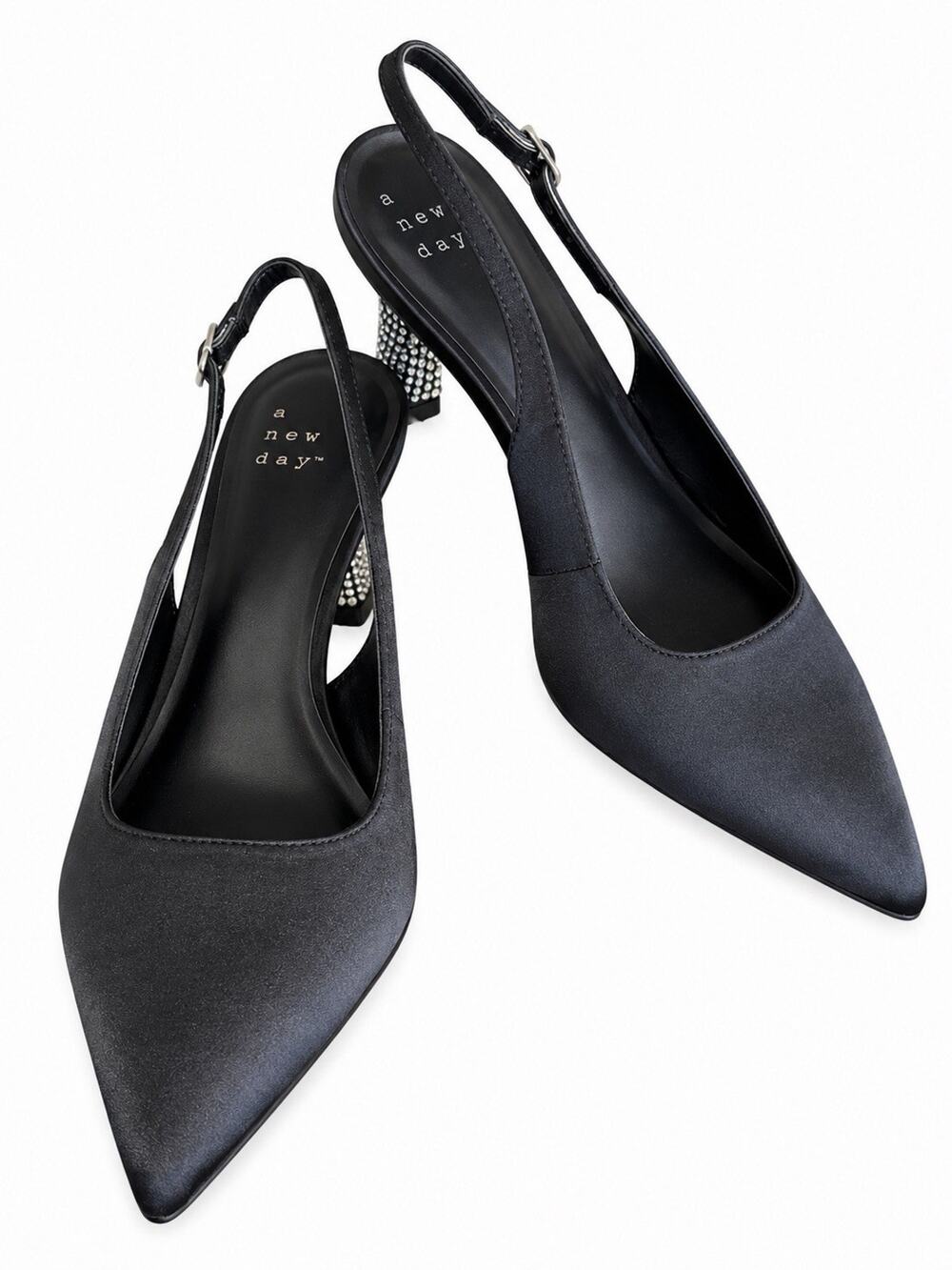 A New Day Simone Women’s 7.5 Black Satin Slingback Rhinestone Heel Pumps NWT